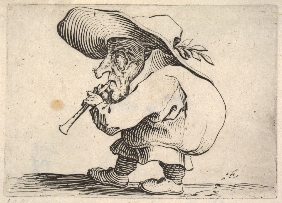 Small male figure playing a wind instrument, in profile view, from the series 'Varie figure gobbi' MET DP833457
