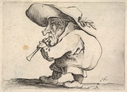 Small male figure playing a wind instrument, in profile view, from the series 'Varie figure gobbi' MET DP833457. Free illustration for personal and commercial use.