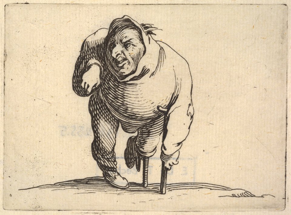 Small male figure with peg leg and crutch, in frontal view, from the series 'Varie figure gobbi' MET DP833447