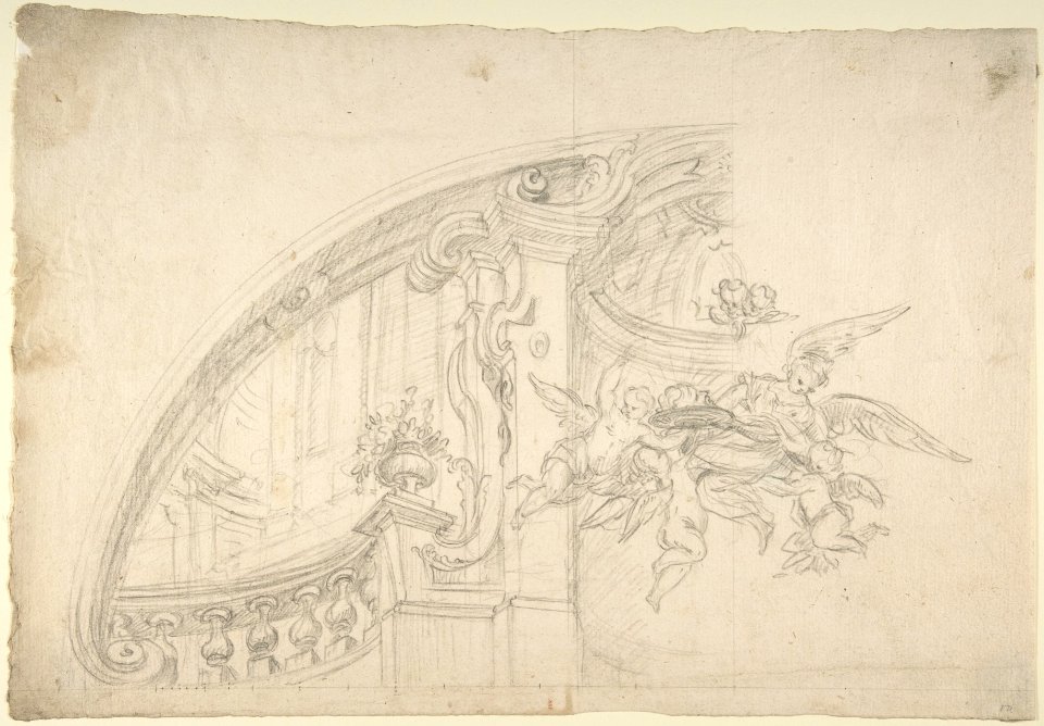 Sketch for the Rear Arched Area of a Chapel, with an Angel and Three Putti Holding Up a Plate with the Head of the Baptist MET DP803490