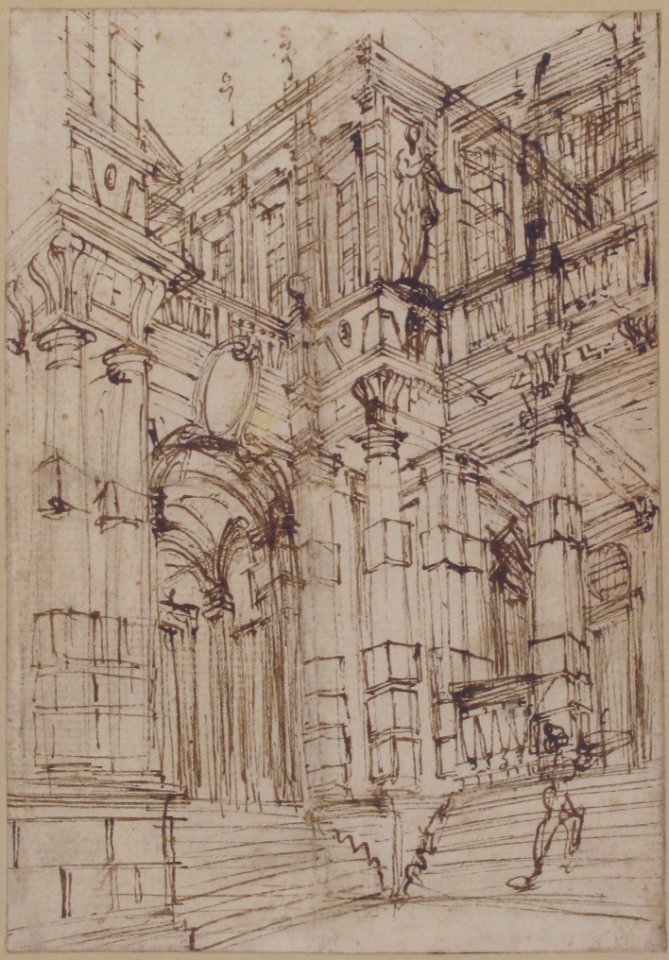Sketch for a Stage Set- Foreshortened View of a Palace with a Figure on the Stairs. MET 1971.513.57
