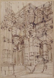 Sketch for a Stage Set- Foreshortened View of a Palace with a Figure on the Stairs. MET 1971.513.57