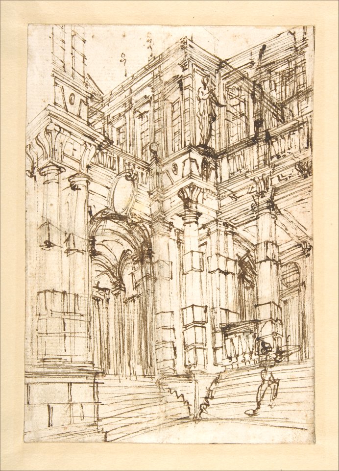 Sketch for a Stage Set- Foreshortened View of a Palace with a Figure on the Stairs. MET DP807881