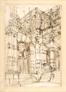 Sketch for a Stage Set- Foreshortened View of a Palace with a Figure on the Stairs. MET DP807881