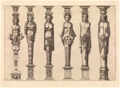 Six terms, four female and two male, with Hercules at far right, plate 1, from Caryatidum -...- sive Athlantidum multiformium ad quemlibet Architecture ordinem Accommodatarum centuria prima -...- MET DP272664