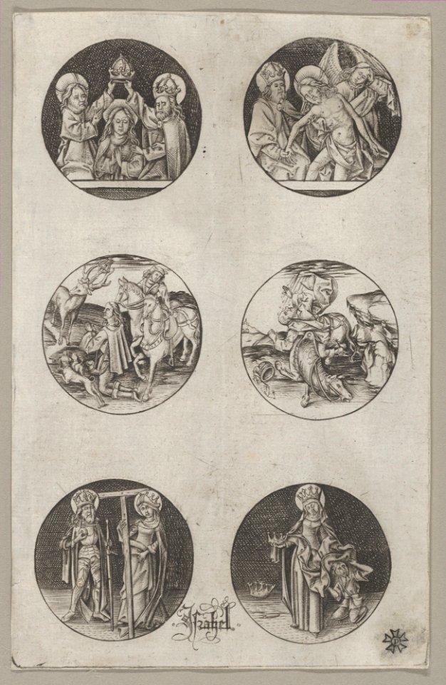 Six Roundel Patterns for a Goldsmith- the Coronation of the Virgin, God the Father with the Body of Christ, St. Eustace or St. Hubert, the Conversion of St. Paul, Charlemagne and St. Helen, and St. Elizabeth MET DP834426