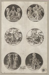 Six Roundel Patterns for a Goldsmith- the Coronation of the Virgin, God the Father with the Body of Christ, St. Eustace or St. Hubert, the Conversion of St. Paul, Charlemagne and St. Helen, and St. Elizabeth MET DP834426