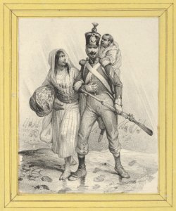 Soldier with a woman on his arm and a child on his back MET DP841201