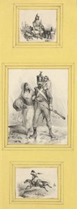 Soldiers and a Highlander (3 prints of varying size pasted onto a yellow sheet) MET DP841224