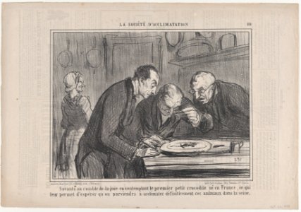 Savants au comble de la joie en contemplant le premier petit crocodile né e France..., from La Société d'Acclimatations, published in Le Charivari, October 23, 1858 MET DP876717