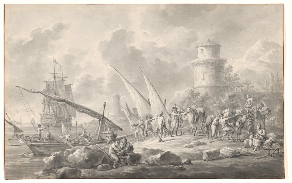 Soldiers Loading Barges for a Large Sailing Ship Along the Coast MET DP860030