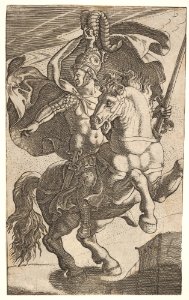Soldier riding a rearing horse and wearing feathered helmet, cuirass, pteruges, and greaves, the soldier looks and points to his right MET DP832632
