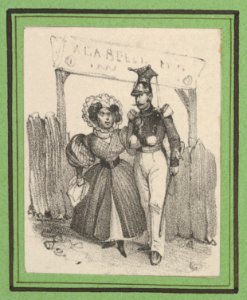 Soldier with a woman on his arm in front of a wodden gate MET DP841192