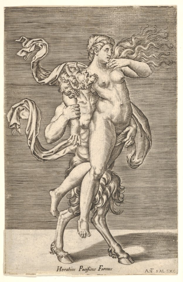 Satyr carrying a nymph, whose right arm is wrapped around the satyr's neck, with a planar background MET DP831525