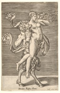 Satyr carrying a nymph, whose right arm is wrapped around the satyr's neck, with a planar background MET DP831525