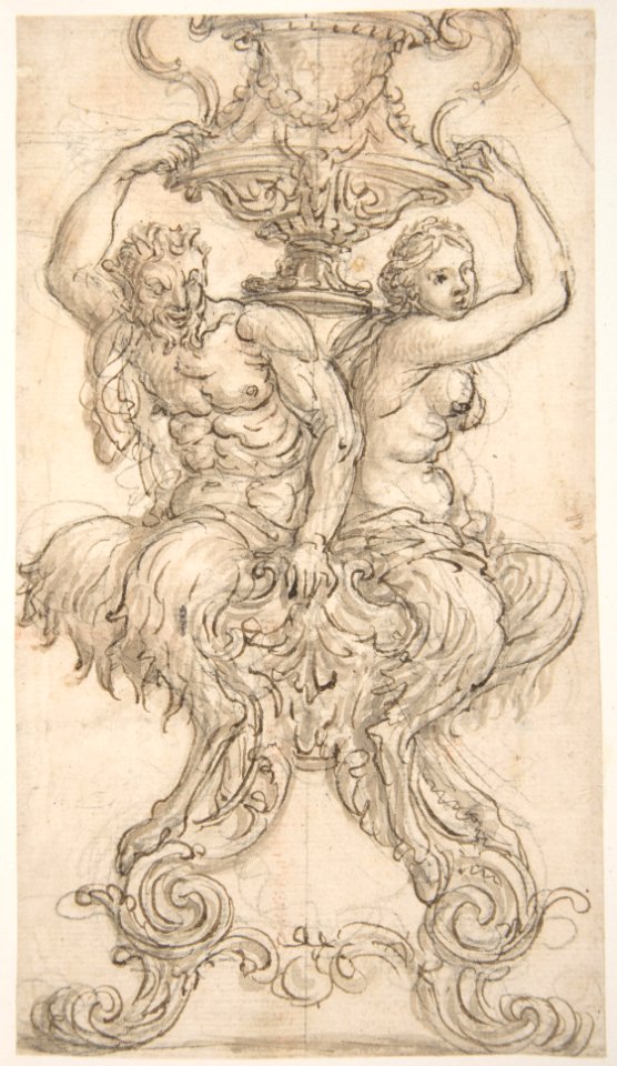 Satyr and Satyress Seated on a Pedestal Supporting a Vase. MET DP809631