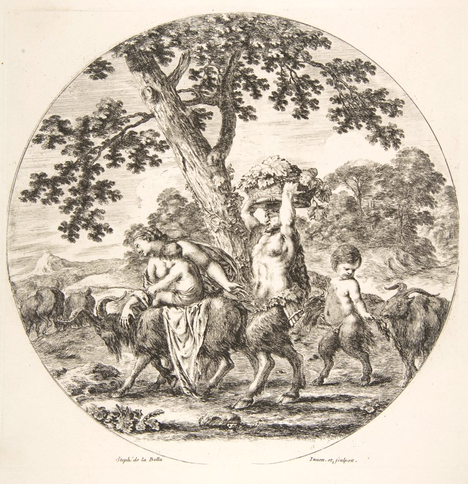 Satyr family walking towards the left with two goats and a basket of grapes MET DP817589