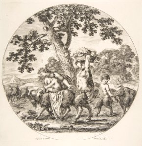 Satyr family walking towards the left with two goats and a basket of grapes MET DP817589