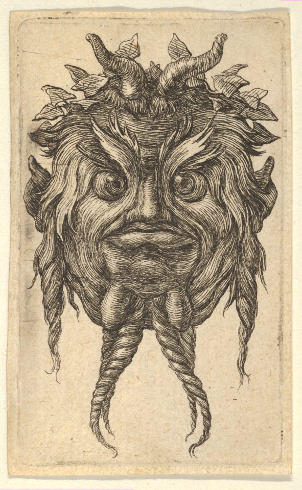 Satyr Mask with Horns and a Twisted Beard Wearing an Ivy Wreath, from Divers Masques MET DP837339