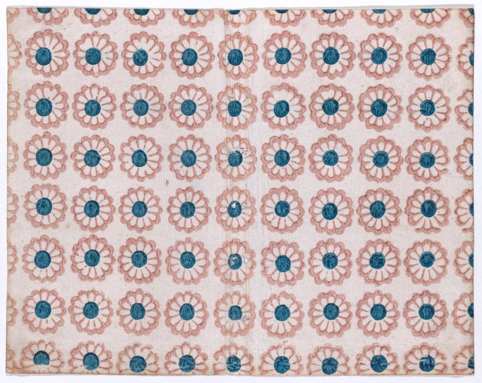 Sheet with overall pattern of pink flowers with blue centers Met DP886435