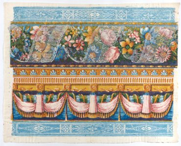 Sheet with lace atop a floral garland with drapery below Met DP886398