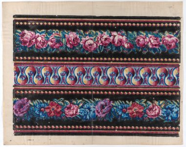 Sheet with a border with pink and multicolor floral garlands on a black background Met DP886358