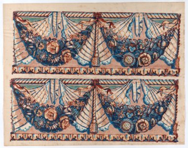 Sheet with a two borders with hanging drapery and two blue floral garlands Met DP886357