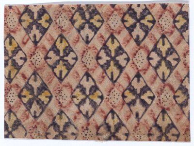Sheet with alternating red, navy, and yellow ornate diamond outlines, with small black dots Met DP886448