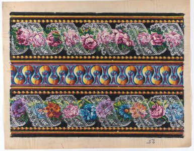 Sheet with a border with floral garlands and lace on a black background Met DP886361