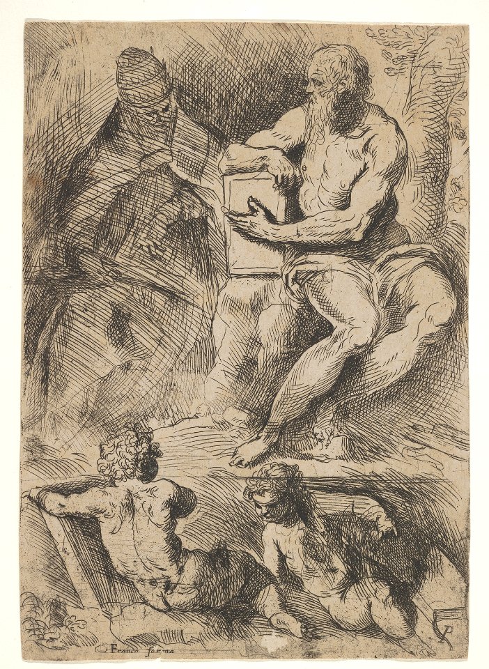 Sheet of studies with St. Jerome, seated at right and resting his right forearm on a book, at left an ecclesiastical figure wearing a cope and miter, and at bottom two putti MET DP832629