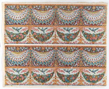 Sheet with a two borders with four hanging draperies,multicolor festoons, and birds Met DP886353