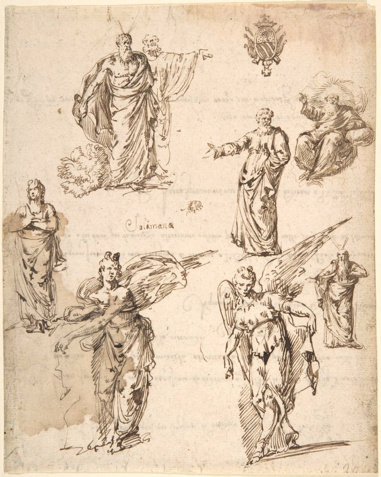 Sheet of Studies with Angels and Religious Figures (recto); Draft of a Letter (verso) MET DP802693