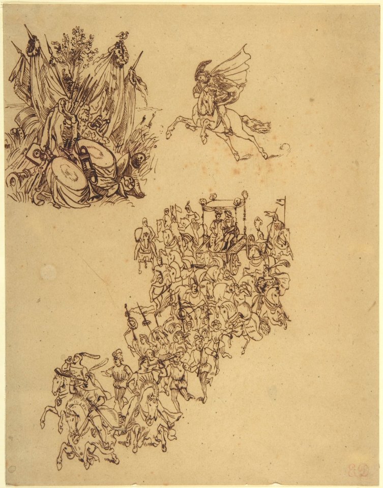 Sheet of Studies- A Marriage Procession in Sixteenth Century Dress; a Cavalier; and a Trophy of Arms MET DP806157