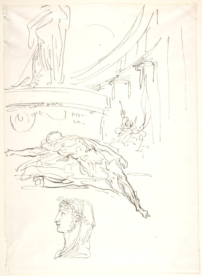 Sheet of Studies, Including a Roman Head, a Male Figure on a Pyre, and a Colonnade. MET DP800243