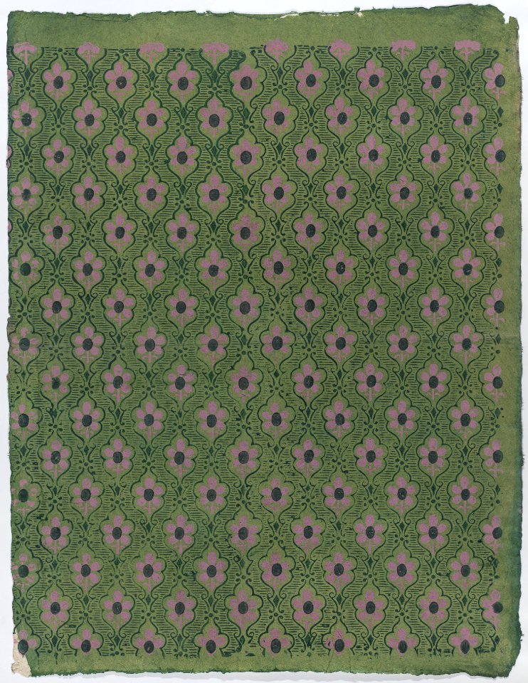 Sheet with overall pink floral pattern on green background Met DP886325