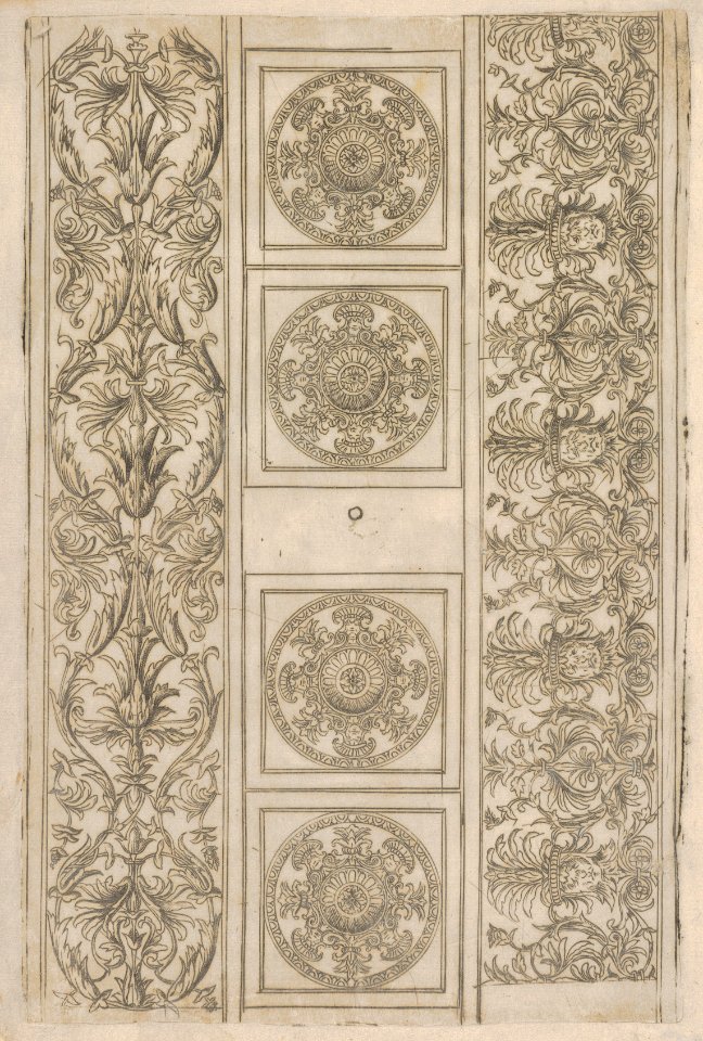 Sheet of border segments- vertical floral ornament, horizontal frieze, four corners MET DP833949