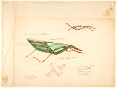 Shais in legno compensato...-Perspective and Elevation of a Chaise with Tubular Metal Frame and Green Cushion and Arm Rests- MET DP812169
