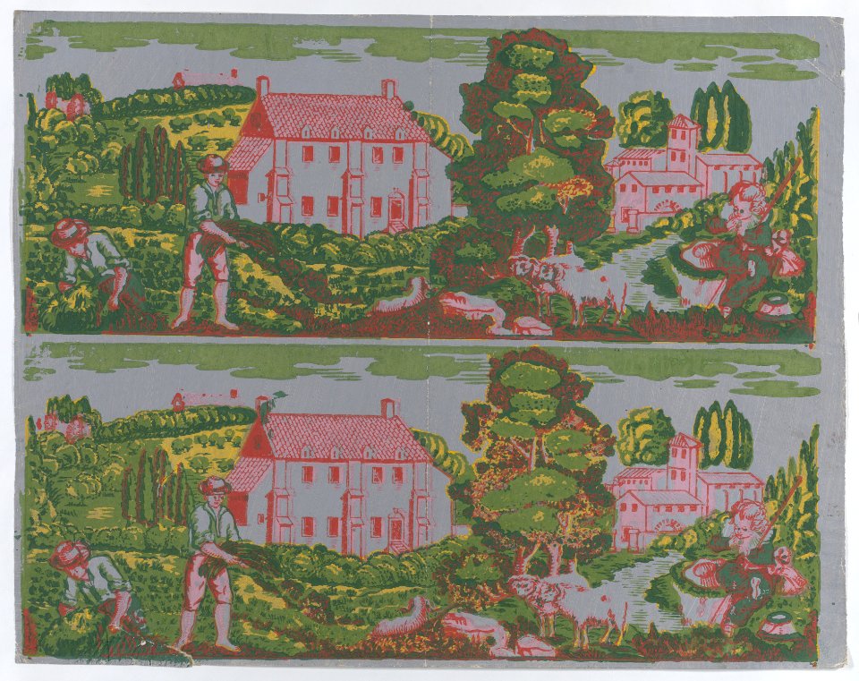 Sheet with two borders with pastoral landscapes on a gray background Met DP886406