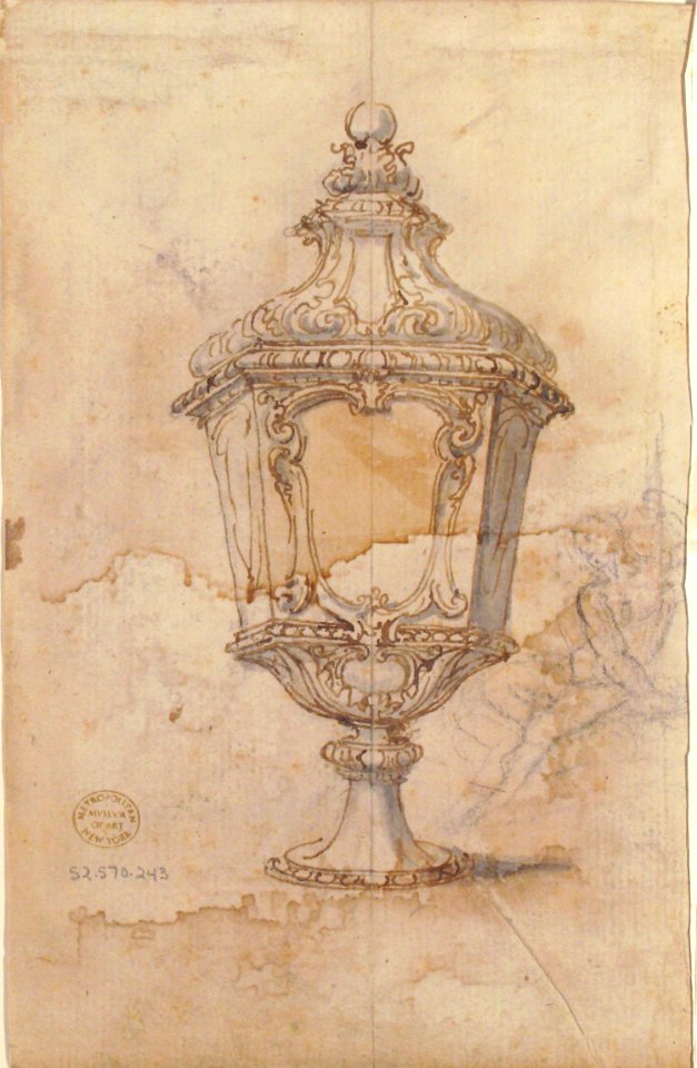 Sheet with sketches and designs for two vases, three classical heads en profil and two slave figures (recto); Design for a Vase and a Nude Male Figure (verso) MET 52.570.243 VERSO