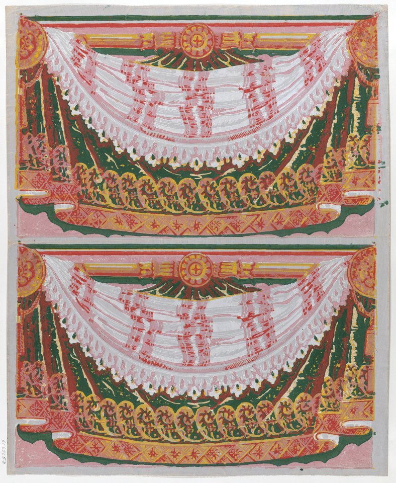 Sheet with two borders with a curved drapery against a curtain Met DP886366