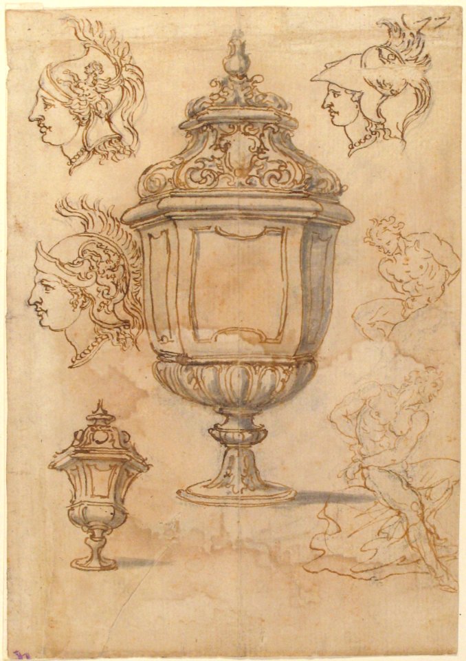 Sheet with sketches and designs for two vases, three classical heads en profil and two slave figures (recto); Design for a Vase and a Nude Male Figure (verso) MET 52.570.243 RECTO