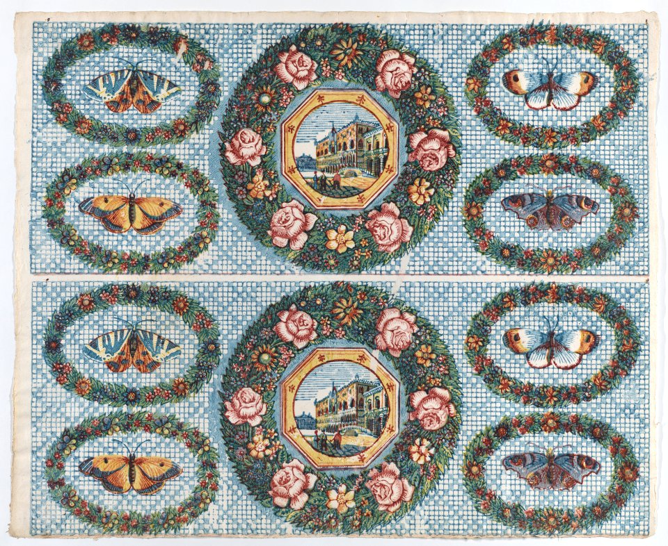 Sheet with two borders with landscapes and moths within wreaths Met DP886400