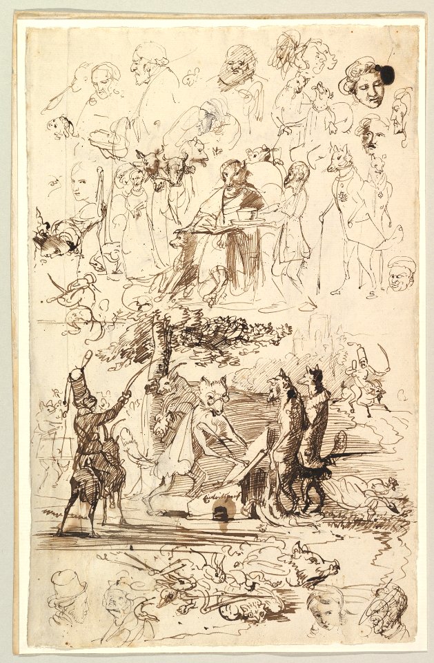 Sheet of Studies, Including for Reineke Fuchs; verso- Studies of Soldiers and of a Battle in a Wood MET DP819925