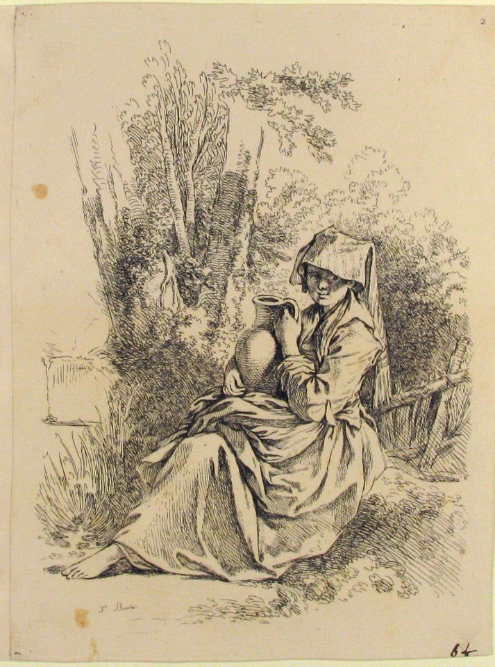 Seated Young Peasant Woman Holding a Jug, from Nouveau Livre de diverse Figures (New Book of Various Figures) MET 53.523.24(2)