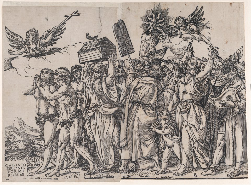 Section A- an angel holding a cross at upper left, Adam and Eve below, from The Triumph of Christ MET DP875549
