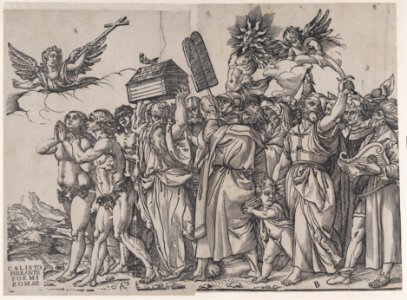 Section A- an angel holding a cross at upper left, Adam and Eve below, from The Triumph of Christ MET DP875549