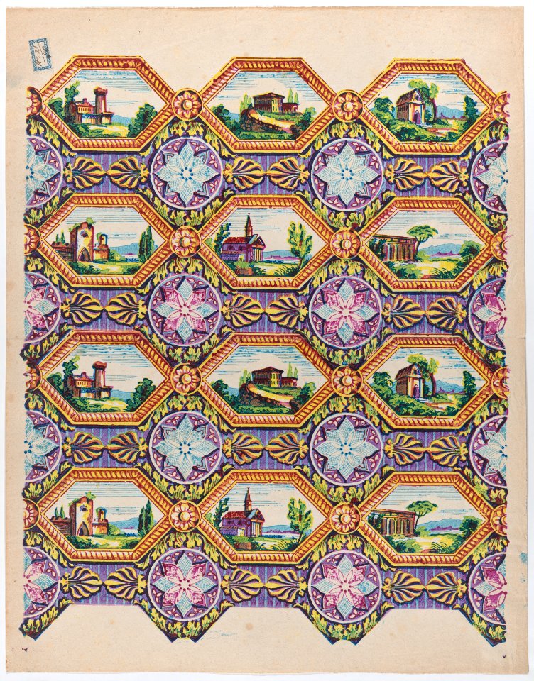 Sheet with pattern of brightly colored landscapes in hexagonal frames Met DP886417