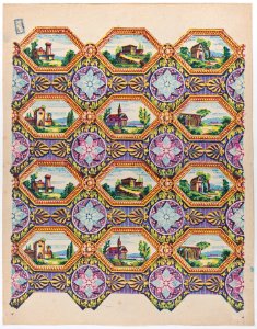Sheet with pattern of brightly colored landscapes in hexagonal frames Met DP886417