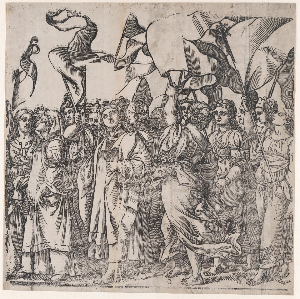 Section C- female martyrs and saints holding banners, from The Triumph of Christ MET DP875537