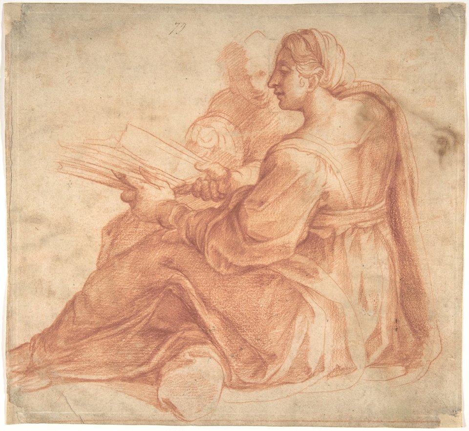 Seated Sibyl and Attendant Genius (recto); Study of the Head of a Horse in Profile (verso) MET DP810254